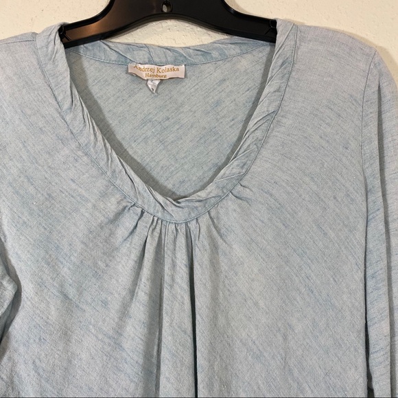 Andrzej Kolaska Linen Blouse Top Linen Scoop V Neck Blue Top Long Sleeve - Picture 5 of 7